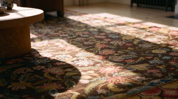 Antique large needlepoint english allover floral flat weave rug (sku 23634) - in-room detail