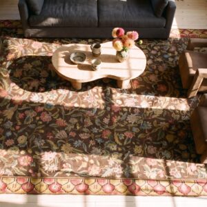 Antique Large Needlepoint English Allover Floral Flat Weave Rug (SKU 23634) - styled overhead view