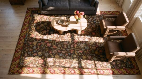 Antique large needlepoint english allover floral flat weave rug (sku 23634) - styled overhead view