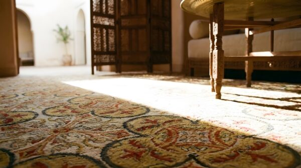 Antique large needlepoint english geometric flat weave rug 11 Antique large needlepoint english geometric flat weave rug (sku 25036) - in-room detail