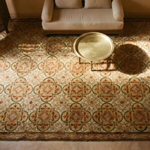 Antique Large Needlepoint English Geometric Flat Weave Rug (SKU 25036) - styled overhead view