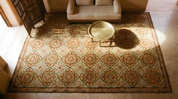 Antique large needlepoint english geometric flat weave rug 2 Antique large needlepoint english geometric flat weave rug (sku 25036) - styled overhead view