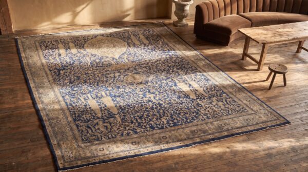 Antique large oversized blue indian lahore big rug 2 Antique large oversized blue indian lahore big rug (sku 21090) - styled overhead view
