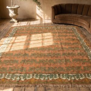Large Oversized Coral Antique Classic Arts & Crafts Design Irish Donegal Carpet by CFA Voysey (SKU 18489) - styled overhead view