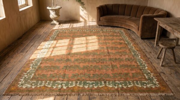 Large oversized coral antique classic arts & crafts design irish donegal carpet by cfa voysey 2 Large oversized coral antique classic arts & crafts design irish donegal carpet by cfa voysey (sku 18489) - styled overhead view