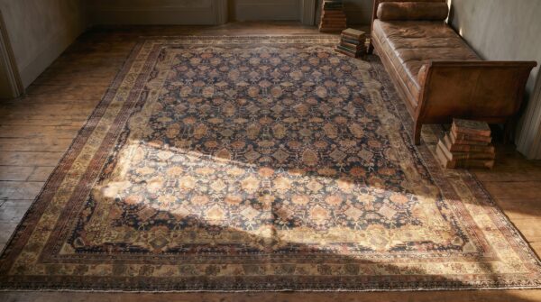 Large oversized antique fine allover blue persian kerman carpet 2 Large oversized antique fine allover blue persian kerman carpet (sku 18371) - styled overhead view