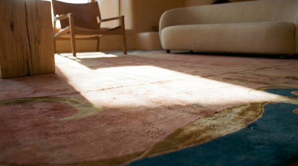 Large oversized antique minimalist open coral color field chinese art deco carpet 11 Large oversized antique minimalist open coral color field chinese art deco carpet (sku 23561) - in-room detail