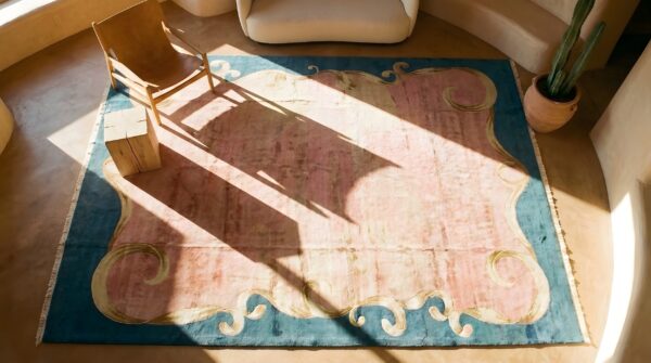 Large oversized antique minimalist open coral color field chinese art deco carpet 2 Large oversized antique minimalist open coral color field chinese art deco carpet (sku 23561) - styled overhead view