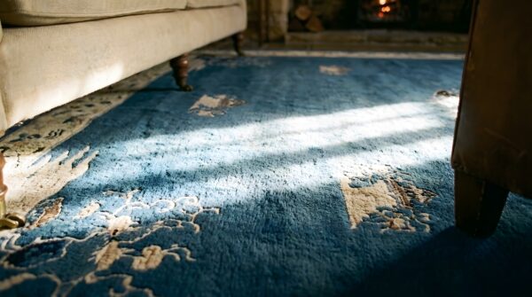 Antique large peking wool blue hand knotted pile rug (sku 23854) - in-room detail
