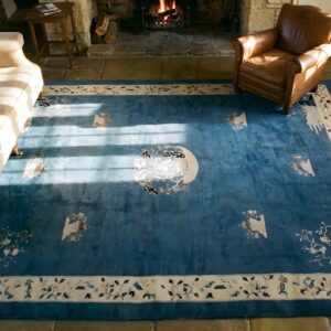 Antique Large Peking Wool Blue Hand Knotted Pile Rug (SKU 23854) - styled overhead view