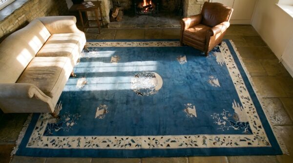 Antique large peking wool blue hand knotted pile rug (sku 23854) - styled overhead view
