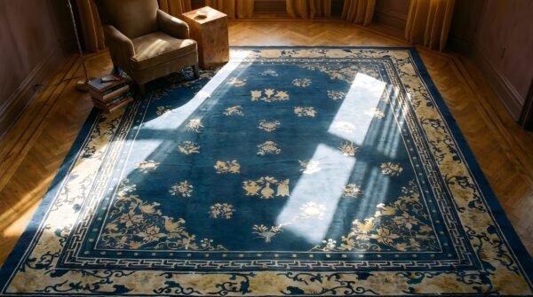 Antique large peking chinese allover floral knotted rug 2 Antique large peking chinese allover floral knotted rug (sku 24756) - styled overhead view