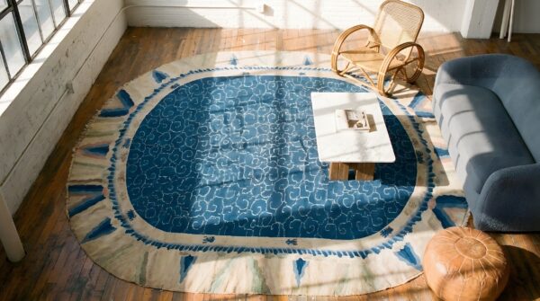 Antique large peking chinese allover knotted oval rug (sku 22932) - styled overhead view