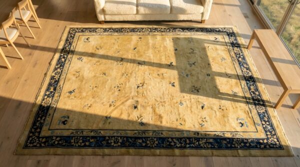 Antique large peking chinese floral knotted rug 2 Antique large peking chinese floral knotted rug (sku 24288) - styled overhead view