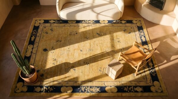 Antique large peking chinese geometric knotted rug 2 Antique large peking chinese geometric knotted rug (sku 24283) - styled overhead view