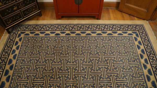 Antique large peking chinese geometric knotted dragon rug 2 Antique large peking chinese geometric knotted dragon rug (sku 24851) - styled overhead view