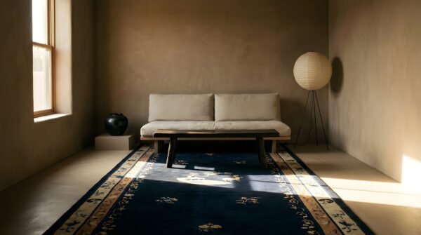 Antique large peking chinese geometric, medallion knotted rug (sku 24124) - room view