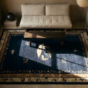 Antique Large Peking Chinese Geometric, Medallion Knotted Rug (SKU 24124) - styled overhead view