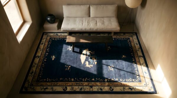 Antique large peking chinese geometric, medallion knotted rug (sku 24124) - styled overhead view