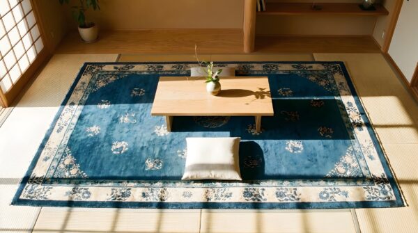 Antique large peking chinese medallion knotted rug (sku 23748) - styled overhead view