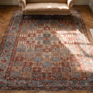 Antique Large Persian Geometric Knotted Rug (SKU 25102) - styled overhead view