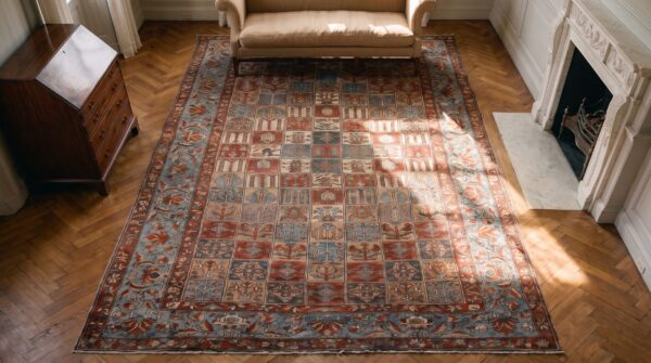 Antique large persian geometric knotted rug (sku 25102) - styled overhead view