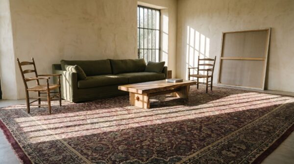 Antique large wool purple hand knotted pile rug 9 Antique large wool purple hand knotted pile rug (sku 19679) - room view
