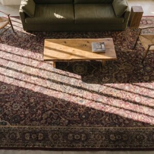 Antique Large Wool Purple Hand Knotted Pile Rug (SKU 19679) - styled overhead view