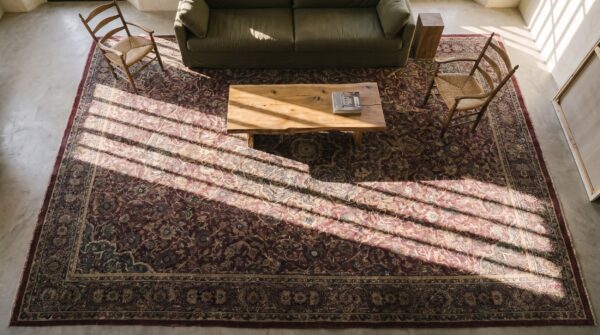 Antique large wool purple hand knotted pile rug 2 Antique large wool purple hand knotted pile rug (sku 19679) - styled overhead view