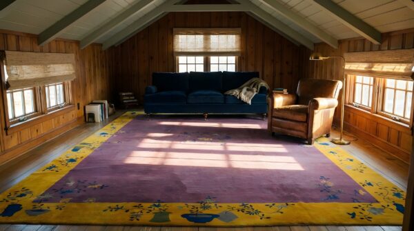 Antique large wool purple hand knotted wool pile chinese art deco rug 6 Antique large wool purple hand knotted wool pile chinese art deco rug (sku 24569) - room view