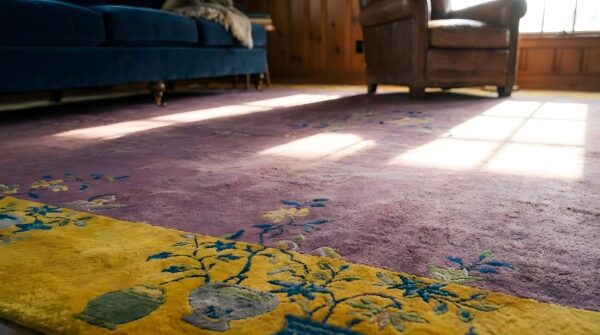 Antique large wool purple hand knotted wool pile chinese art deco rug 7 Antique large wool purple hand knotted wool pile chinese art deco rug (sku 24569) - in-room detail