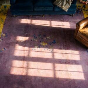 Antique Large Wool Purple Hand Knotted Wool Pile Chinese Art Deco Rug (SKU 24569) - styled overhead view