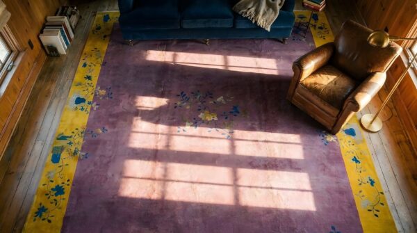 Antique large wool purple hand knotted wool pile chinese art deco rug 2 Antique large wool purple hand knotted wool pile chinese art deco rug (sku 24569) - styled overhead view
