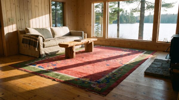 Large hand knotted pile wool rectangle antique 1920s coral rug 8 Large hand knotted pile wool rectangle antique 1920s coral rug (sku 24279) - room view