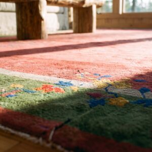 Large Hand Knotted Pile Wool Rectangle Antique 1920s Coral Rug (SKU 24279) - in-room detail