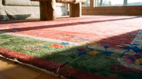 Large hand knotted pile wool rectangle antique 1920s coral rug 9 Large hand knotted pile wool rectangle antique 1920s coral rug (sku 24279) - in-room detail