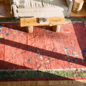 Large Hand Knotted Pile Wool Rectangle Antique 1920s Coral Rug (SKU 24279) - styled overhead view