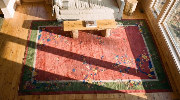 Large hand knotted pile wool rectangle antique 1920s coral rug 2 Large hand knotted pile wool rectangle antique 1920s coral rug (sku 24279) - styled overhead view