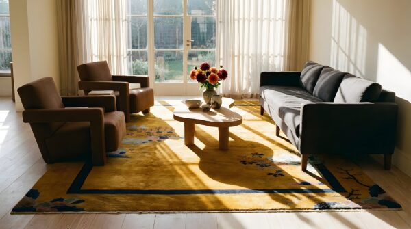 Large rectangle 1920s hand knotted pile antique yellow chinese deco rug 6 Large rectangle 1920s hand knotted pile antique yellow chinese deco rug (sku 23809) - room view