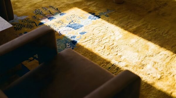 Large rectangle 1920s hand knotted pile antique yellow chinese deco rug 7 Large rectangle 1920s hand knotted pile antique yellow chinese deco rug (sku 23809) - in-room detail