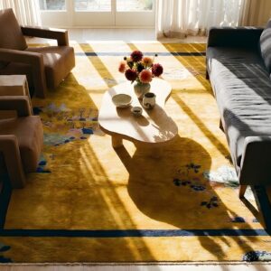 Large Rectangle 1920s Hand Knotted Pile Antique Yellow Chinese Deco Rug (SKU 23809) - styled overhead view