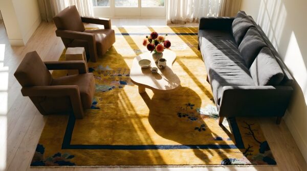 Large rectangle 1920s hand knotted pile antique yellow chinese deco rug 2 Large rectangle 1920s hand knotted pile antique yellow chinese deco rug (sku 23809) - styled overhead view