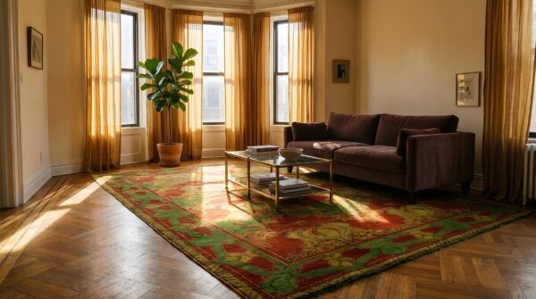 Antique large red donegal - arts & crafts ireland floral knotted rug 10 Antique large red donegal - arts & crafts ireland floral knotted rug (sku 24905) - room view