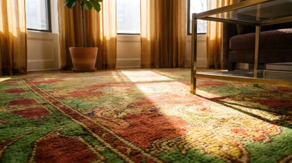 Antique large red donegal - arts & crafts ireland floral knotted rug 11 Antique large red donegal - arts & crafts ireland floral knotted rug (sku 24905) - in-room detail
