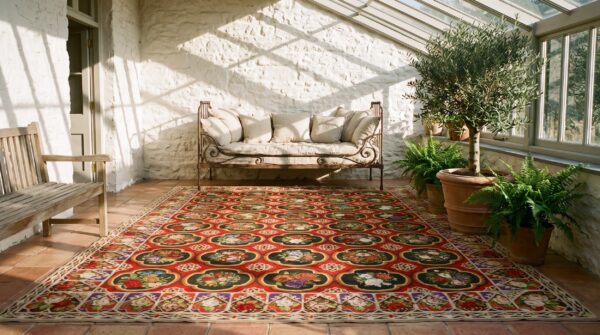 Antique large red needlepoint english flat weave rug 10 Antique large red needlepoint english flat weave rug (sku 25502) - room view