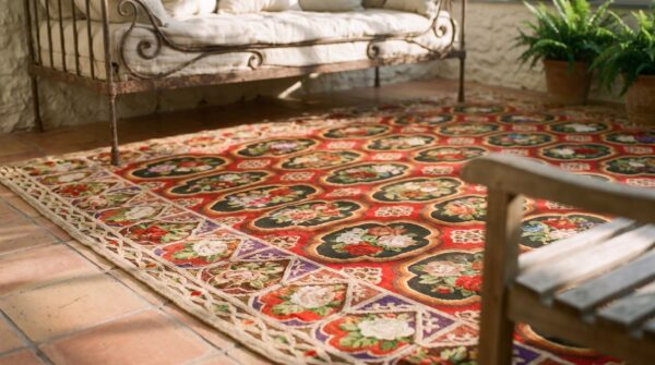 Antique large red needlepoint english flat weave rug 11 Antique large red needlepoint english flat weave rug (sku 25502) - in-room detail