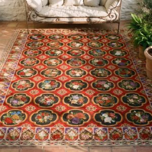 Antique Large Red Needlepoint English Flat Weave Rug (SKU 25502) - styled overhead view