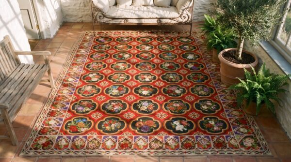 Antique large red needlepoint english flat weave rug 2 Antique large red needlepoint english flat weave rug (sku 25502) - styled overhead view