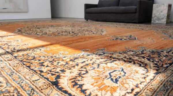 Large red open field floral medallion antique fine classic persian tabriz rug 11 Large red open field floral medallion antique fine classic persian tabriz rug (sku 19335) - in-room detail