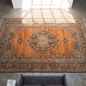 Large Red Open Field Floral Medallion Antique Fine Classic Persian Tabriz Rug (SKU 19335) - styled overhead view